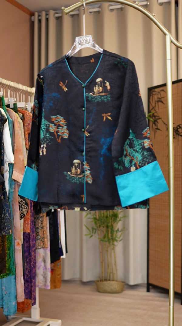 6122国风新中式龟裂纹提花上衣衬衫