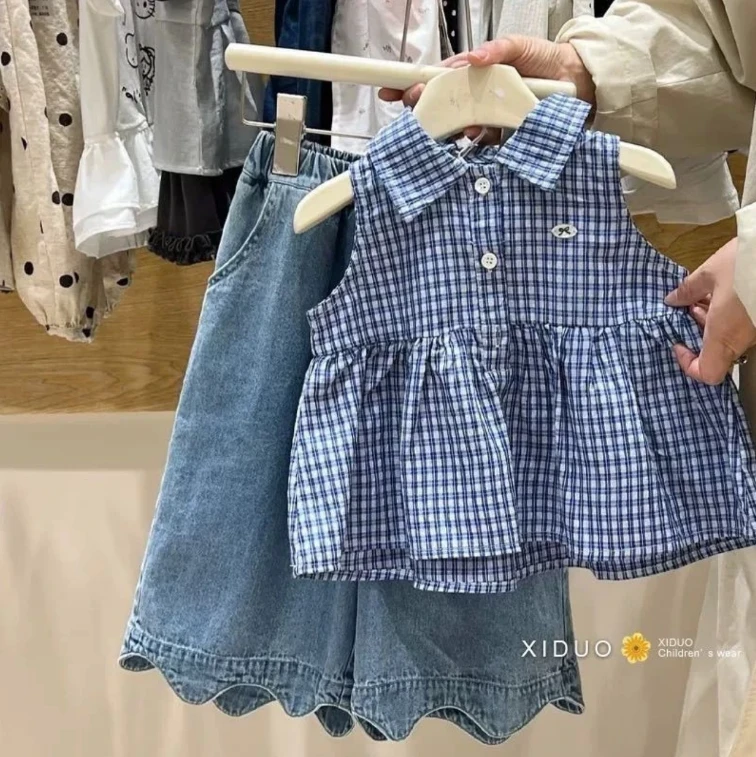 女童夏季新款套装翻领格子无袖上衣牛仔阔腿裤女宝宝时尚两件套