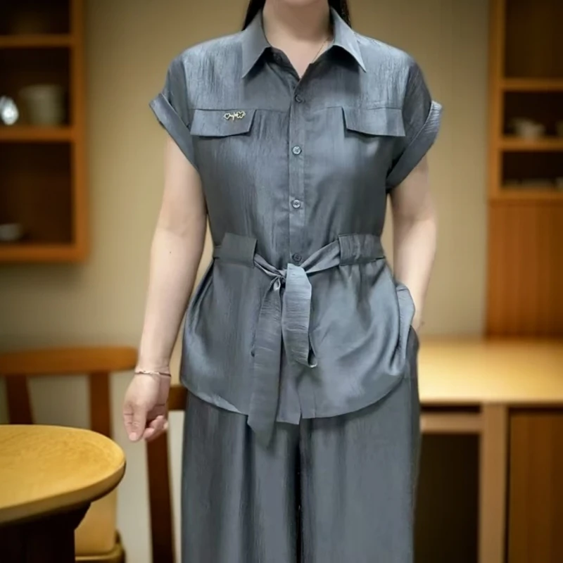 极简风轻熟风时尚短袖套装绳收腰开衫两件套