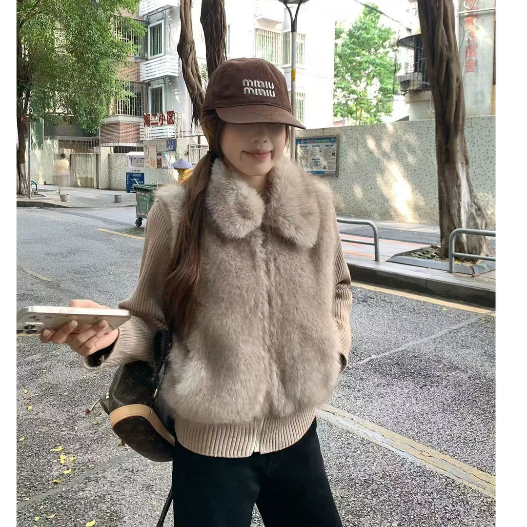 假两件毛领拼接外套女秋冬季慵懒风修身收腰上衣外套99869