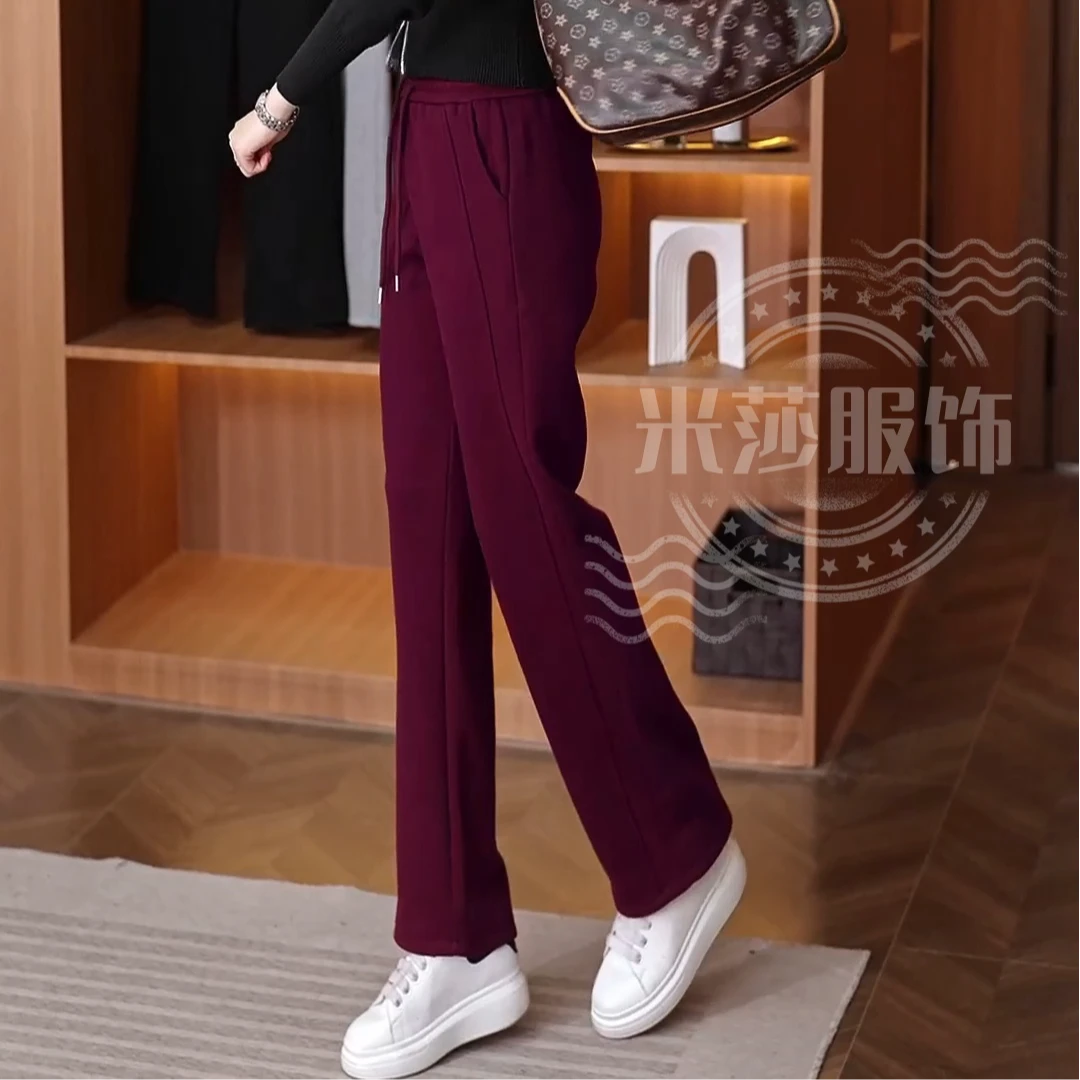 初秋新款百搭休闲高腰直筒裤 秋冬款羊 绒保暖小个子阔腿裤九分裤