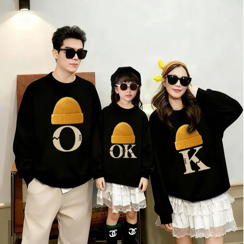 网红新潮款OK全家福亲子外套装一家三四口卫衣班服加绒长袖上衣厚