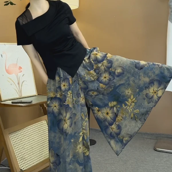 【蓝色妖姬】冰氧丝显瘦凉爽大方洋气印花裤裙