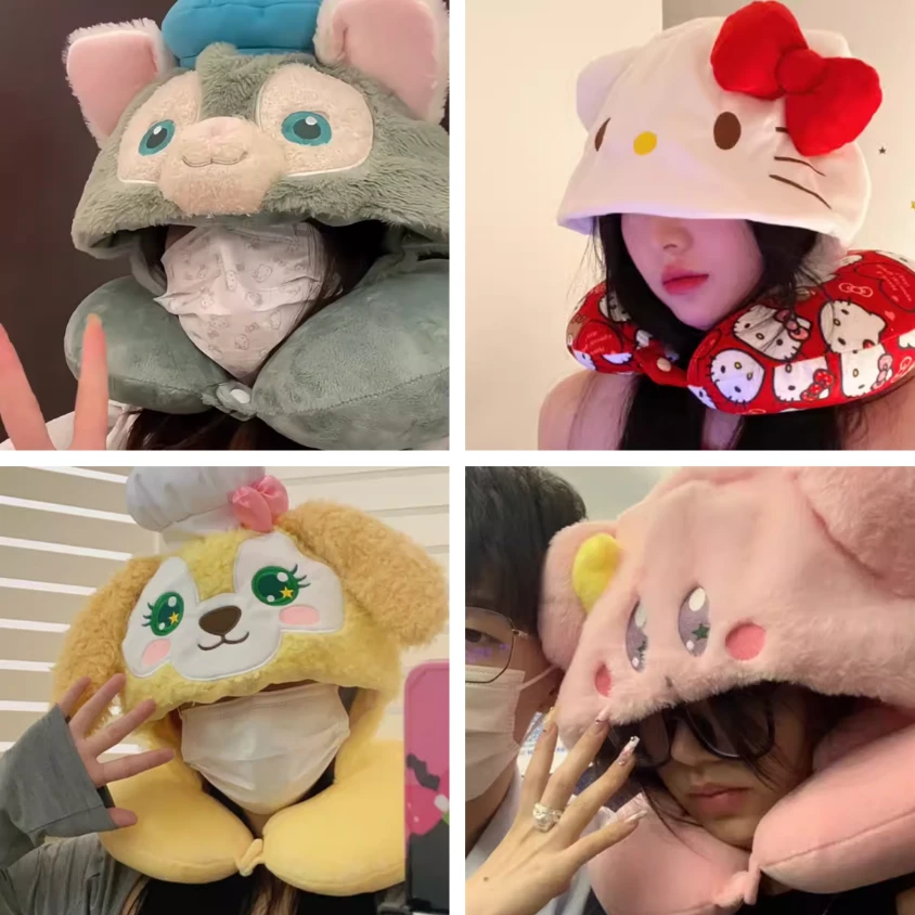 卡通雪莉玫U型枕帽子可爱连帽午睡颈枕u形枕飞机高铁旅行护颈枕