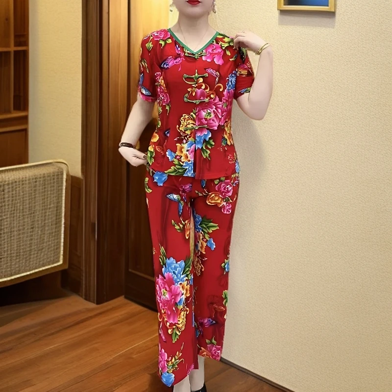 2025夏季新款中老年妈妈装遮肉显瘦时尚民族风V领盘扣套装中式