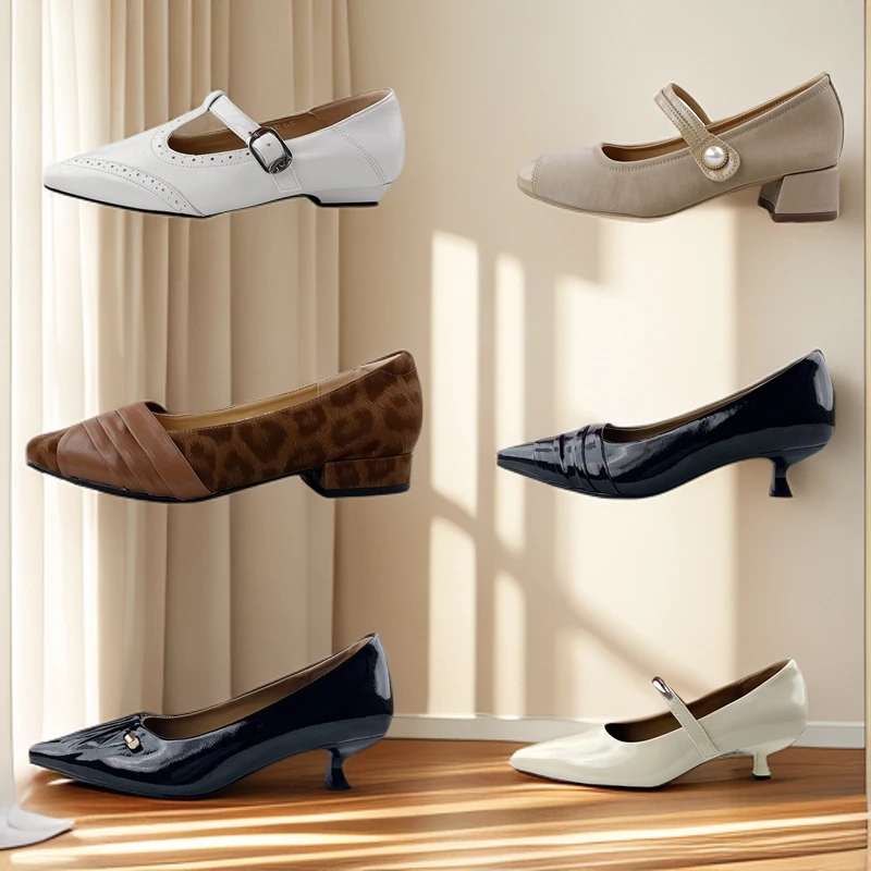 方头时尚春季粗跟平底浅口妈妈鞋高跟浅口单鞋平底百搭女士软底