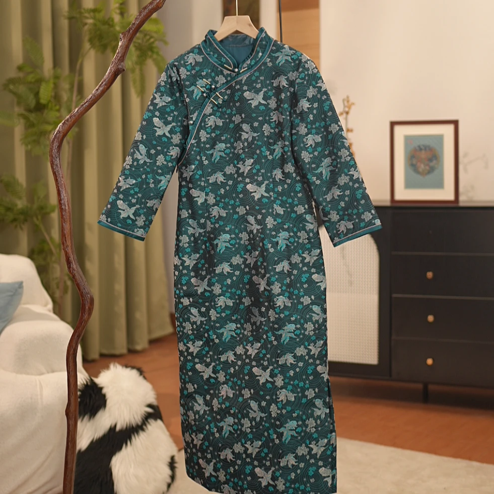 【贺贺专属】桑蚕丝宋锦螺钿工艺旗袍显瘦中式旗袍裙J5455