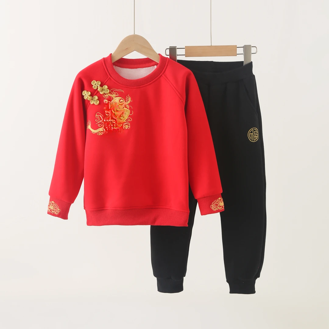 凤凰领冬款加绒女童新年套装