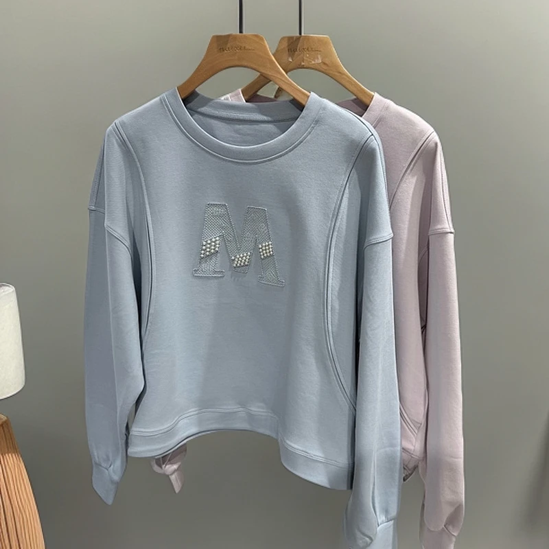 运动薄款拼接女士打底春秋卫衣百搭印花女装春季圆领