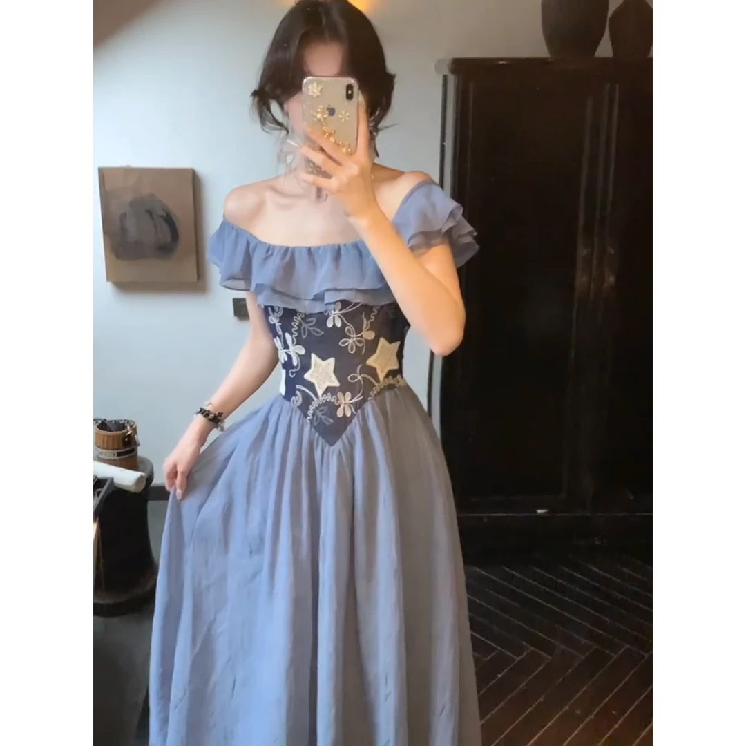 MARIE.COCO法式设计感复古蓝色气质女夏设计感小众修身显瘦连衣裙