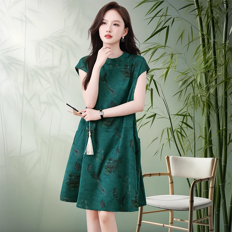 高端时尚大码连衣裙女2025夏季新款宽松显瘦遮肉落肩袖印花裙子