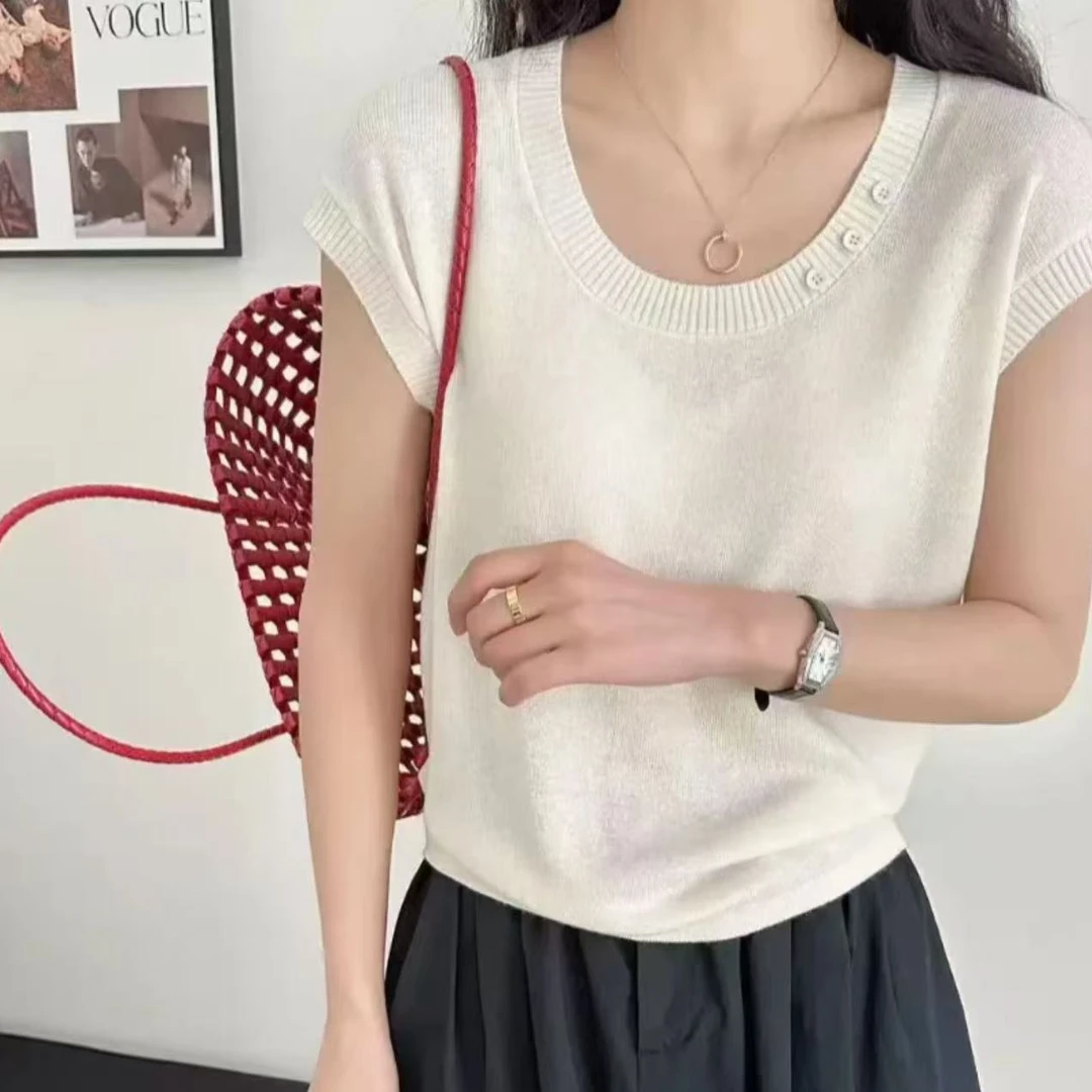 春夏新款U型领飞飞袖薄款显瘦宽松百搭针织短袖上衣女1106