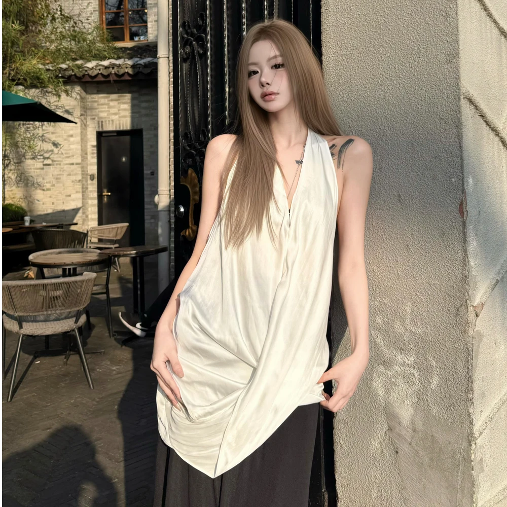 IAMFINE 个性小众夏季露背挂脖荡领褶皱宽松上衣