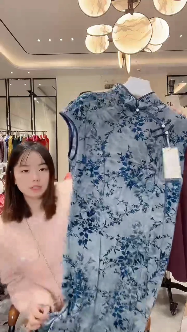 织绣丝绒蓝色暗纹定制款旗袍 xl码 299