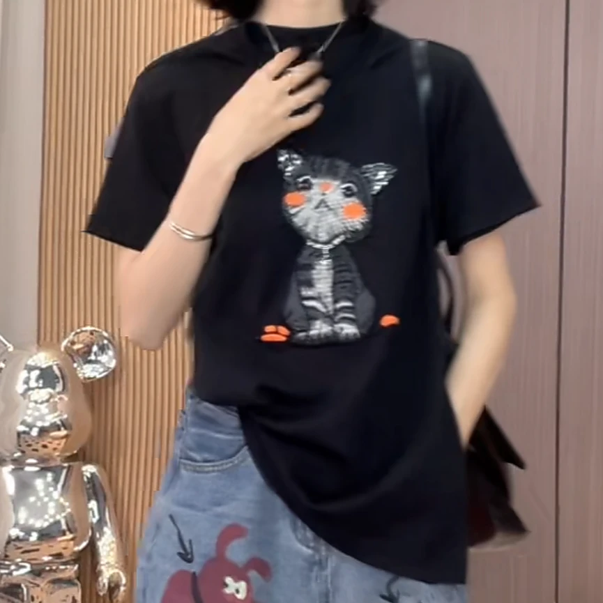 设计感傲娇猫咪珠片串珠刺绣短袖T恤女春夏减龄小众别致圆领上衣