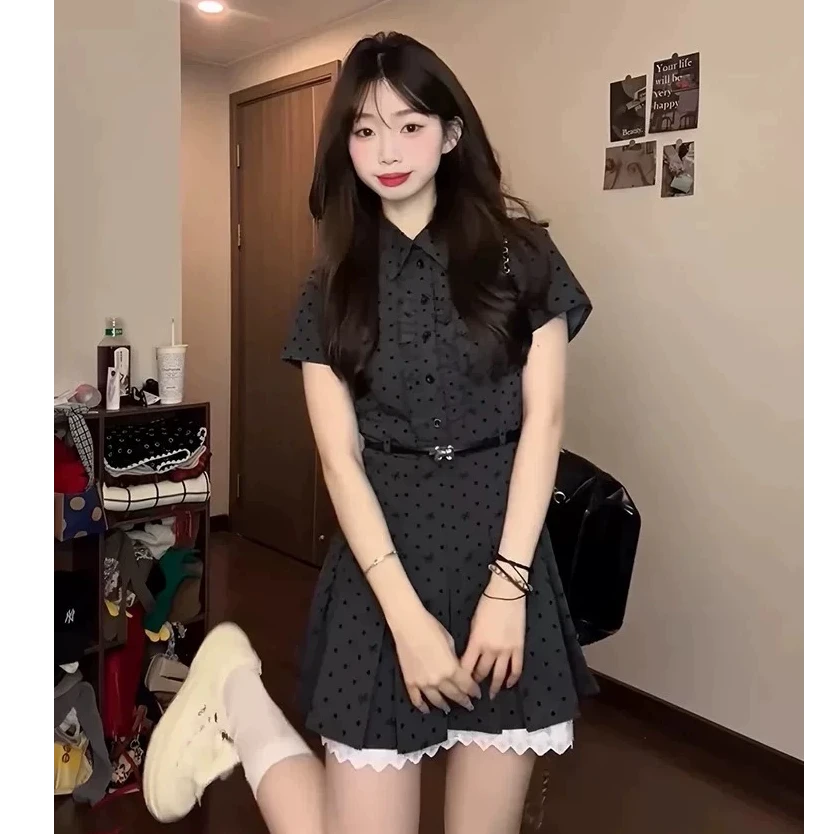 韩系学院风波点衬衫短袖连衣裙女春夏季小个子收腰显瘦百褶短裙