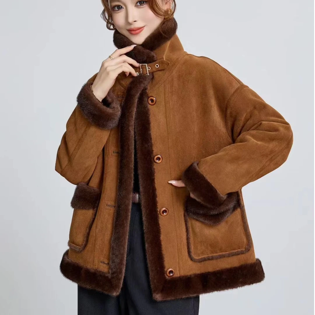2025新款海宁颗粒绒皮草外套女中长款加厚保暖翻领羊羔毛大衣冬