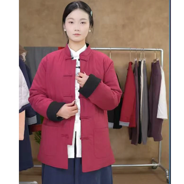 【9227】双面穿冬季棉麻棉袄中国风立领男女款唐装盘扣撞色挽袖棉衣