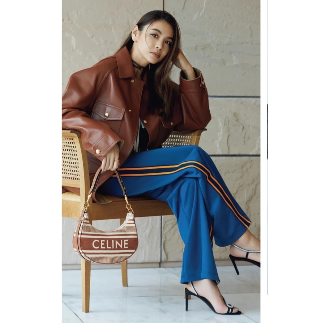 未使用 Celine/思琳  凯旋门标志拉链开合条纹织物拼牛皮革 赭色