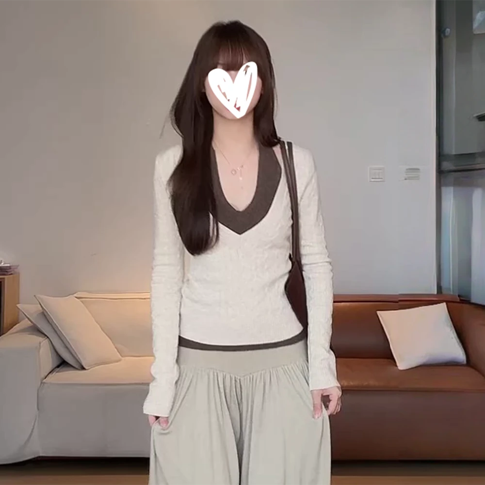 撞色挂脖V领假两件修身针织衫气质毛衣女百搭打底衫长袖上衣C6584