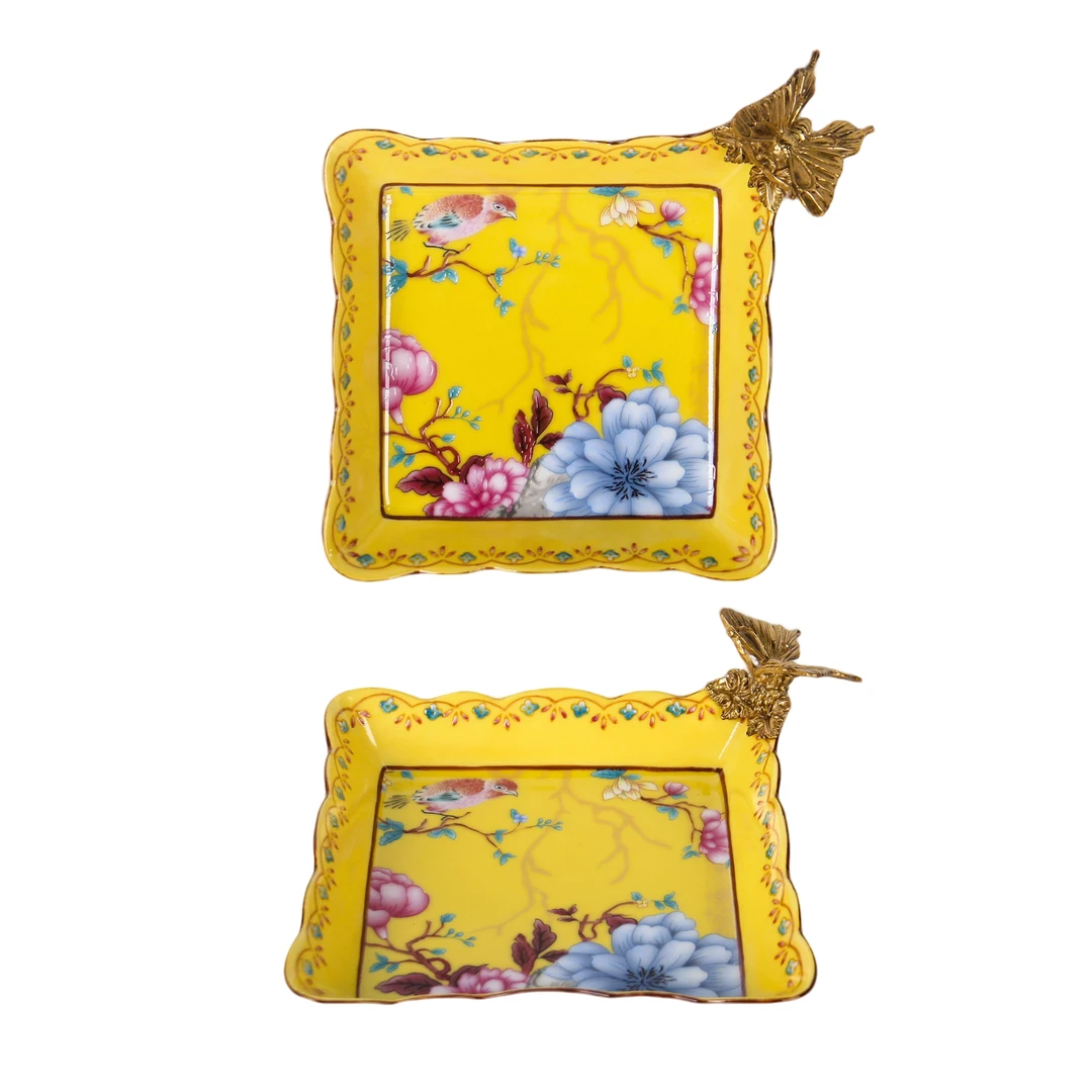 【奇居巍】高温瓷配铜花开富贵甜品碟客厅收纳摆件#H542-YL-H257