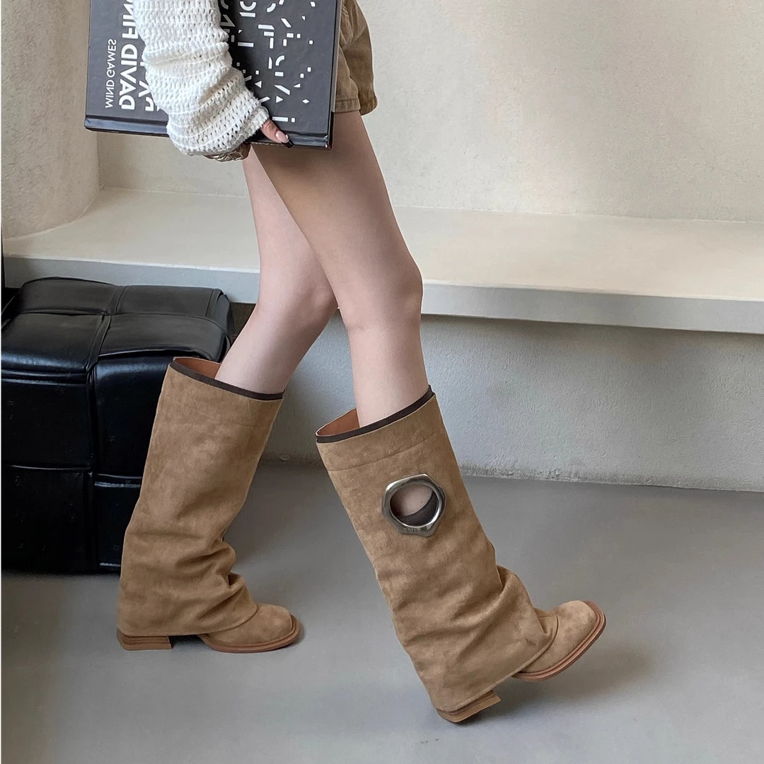 牛皮~高跟辣妹风黑色长筒骑士靴女鞋秋季新款显瘦棕色裤管长靴子