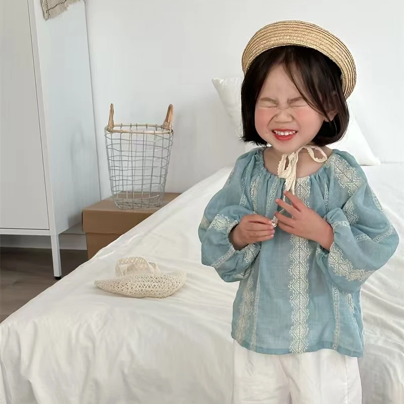 春秋圆领长袖韩版纯色女宝休闲翻领衬衫小童娃娃衫洋气宝宝儿童