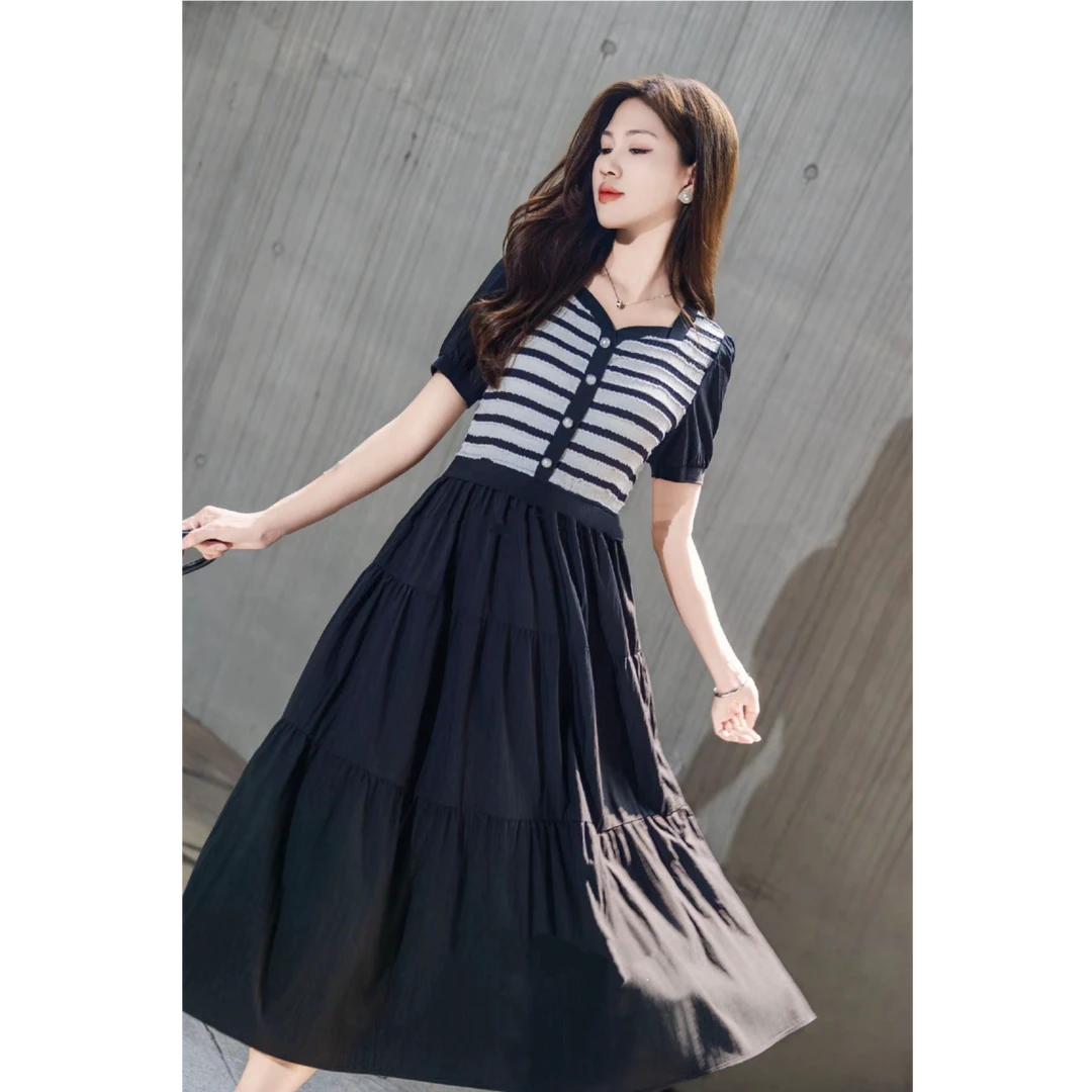 JIRUIMAN/吉瑞曼夏季新款假两件针梭拼条纹收腰A字裙X196