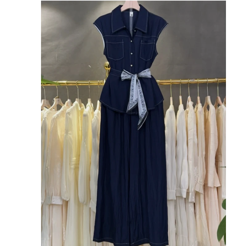 A376 藏蓝色无袖衬衫马甲收腰裤子女夏季新款超火两件套