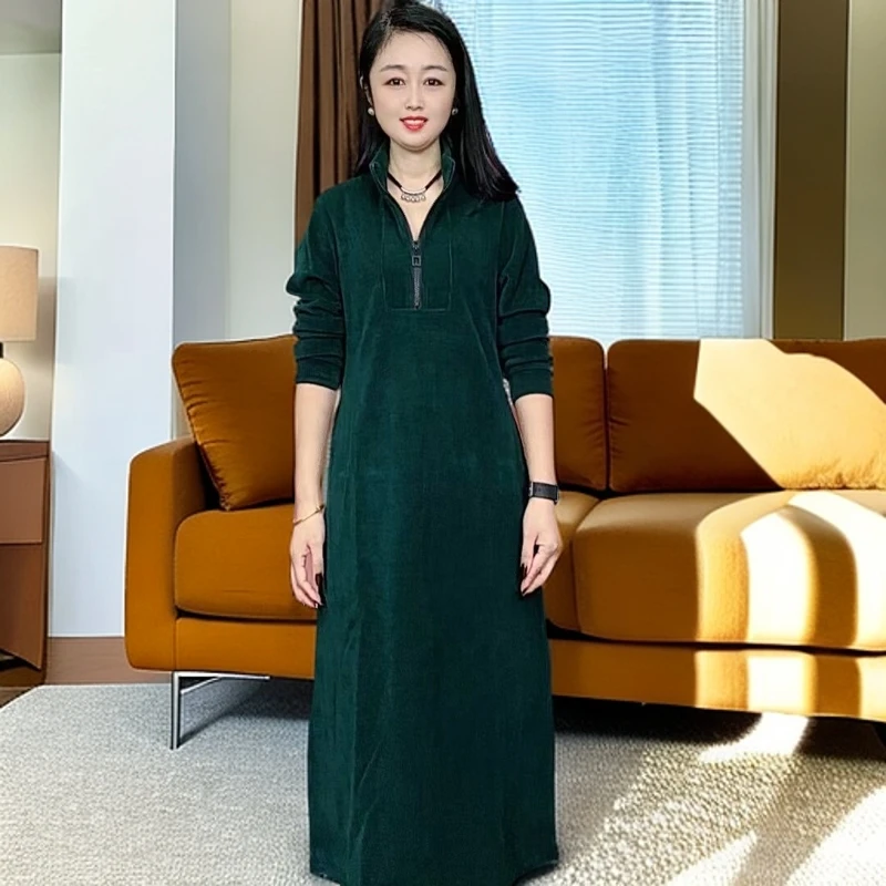 休闲长袖立领女时尚气质长袖长裙中长显瘦气质加厚连衣裙