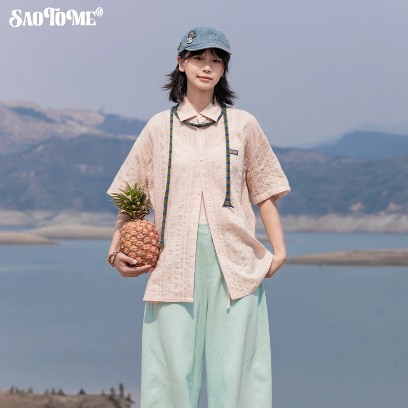 早乙女惠子saotome 日系复古宽松休闲细条纹轻薄短袖衬衫夏2281