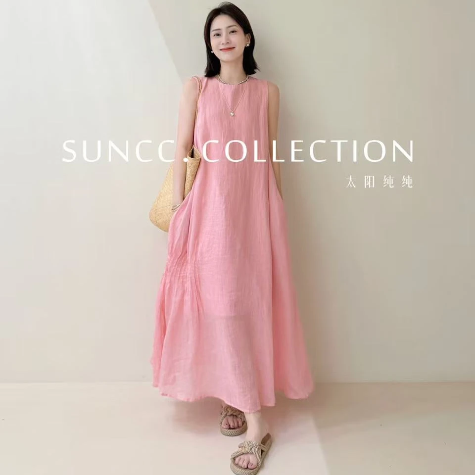 SUNCC现货 桃花裙 夏季气质藏肉显白高级清凉韩系麻感宽松连衣裙