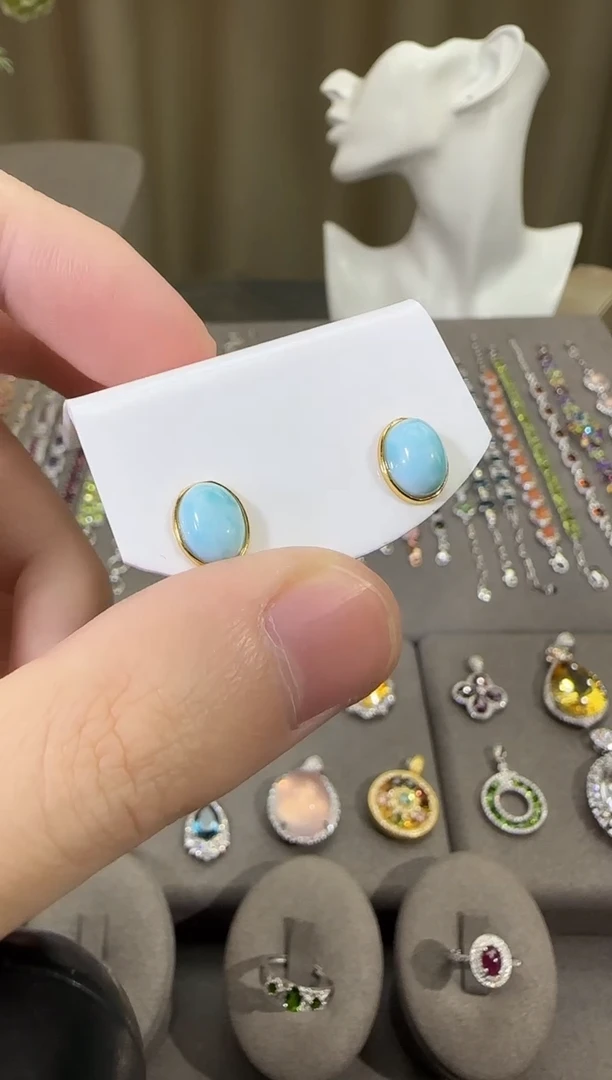 银S925镶嵌针钠钙石（海纹石）耳饰9*7mm耳钉简约款