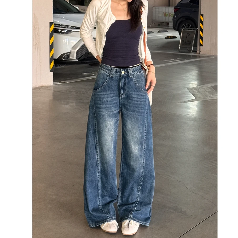 美式复古织志阔腿牛仔裤女2025秋季新款慵懒显瘦遮跨百搭直筒裤子