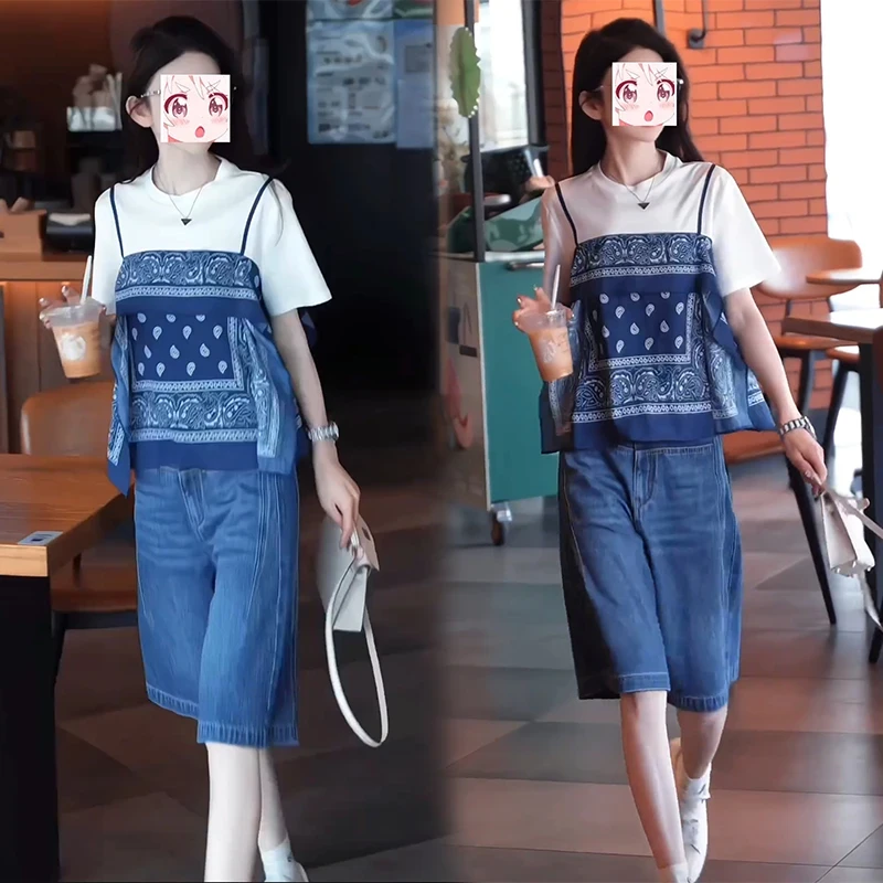 2025年夏季洋气小众设计感假两件短袖t恤高腰牛仔中裤两件套装女