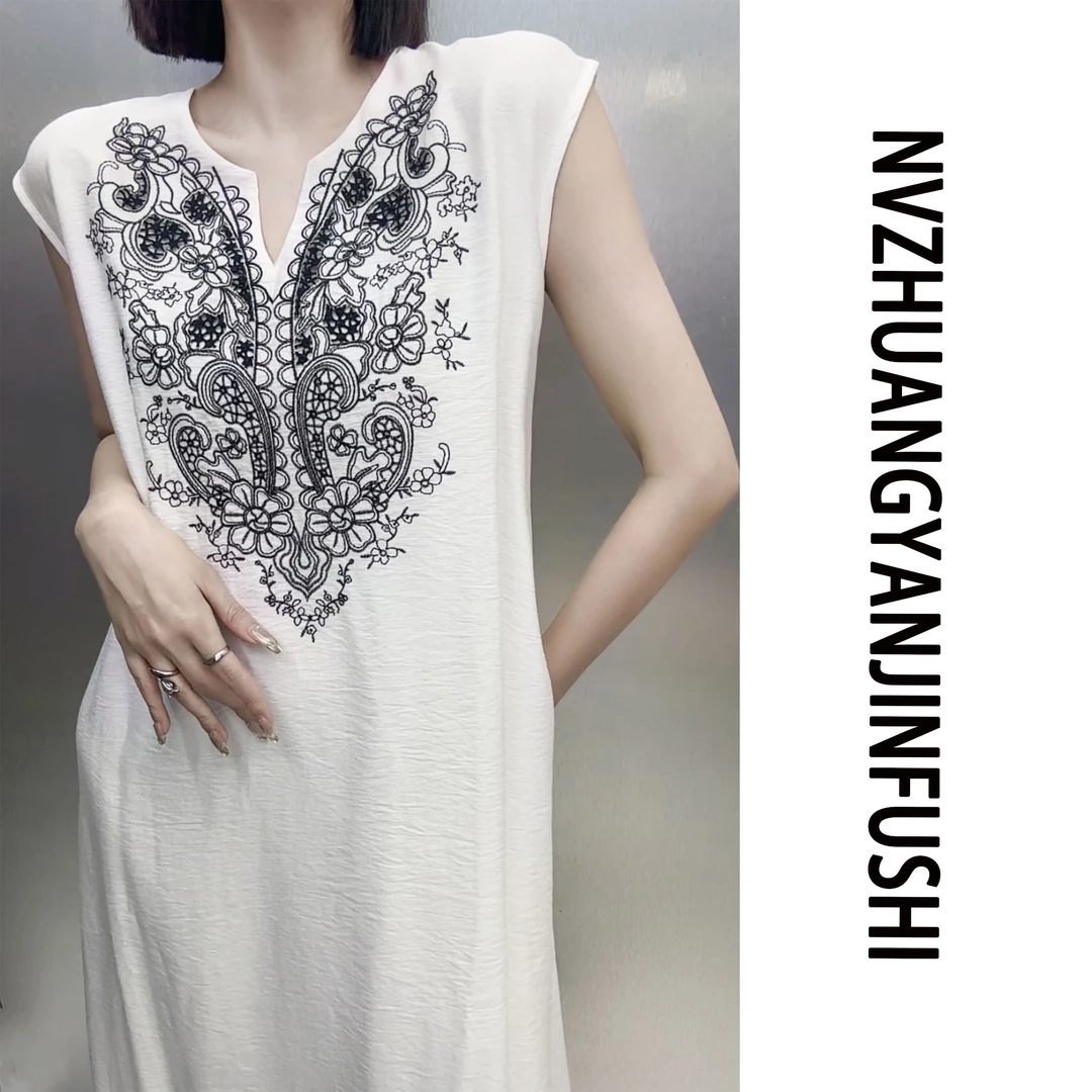 【砚冰刺绣连衣裙】-(80-180斤)时尚遮肉显瘦A版 口袋+里衬 连衣裙