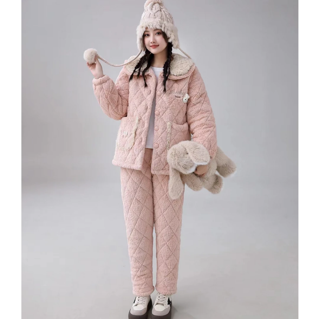 【欣琦家】冬季上新 三层夹棉长袖长裤睡衣套装加厚