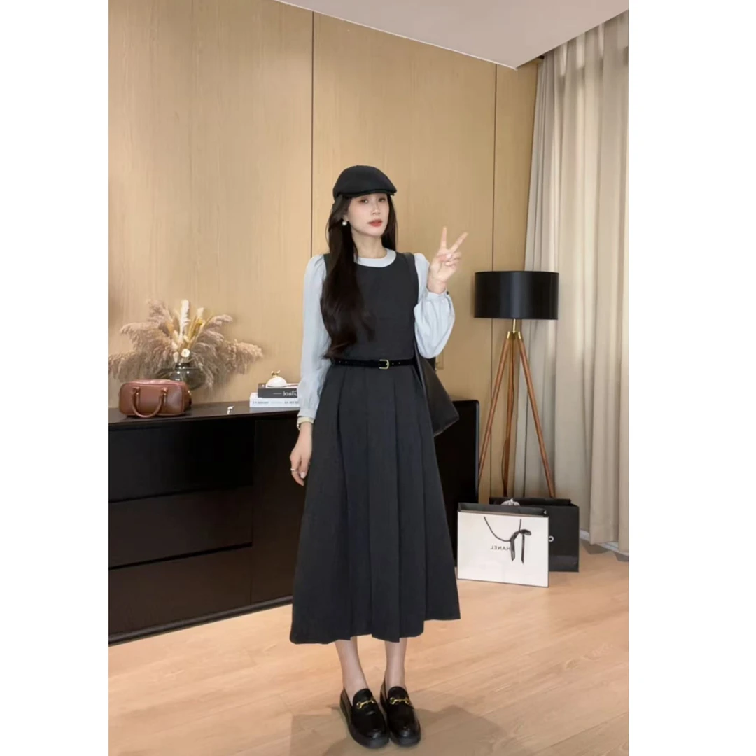 灰色假两件长袖连衣裙女2025新款早秋御姐穿搭名媛气质轻熟风长裙