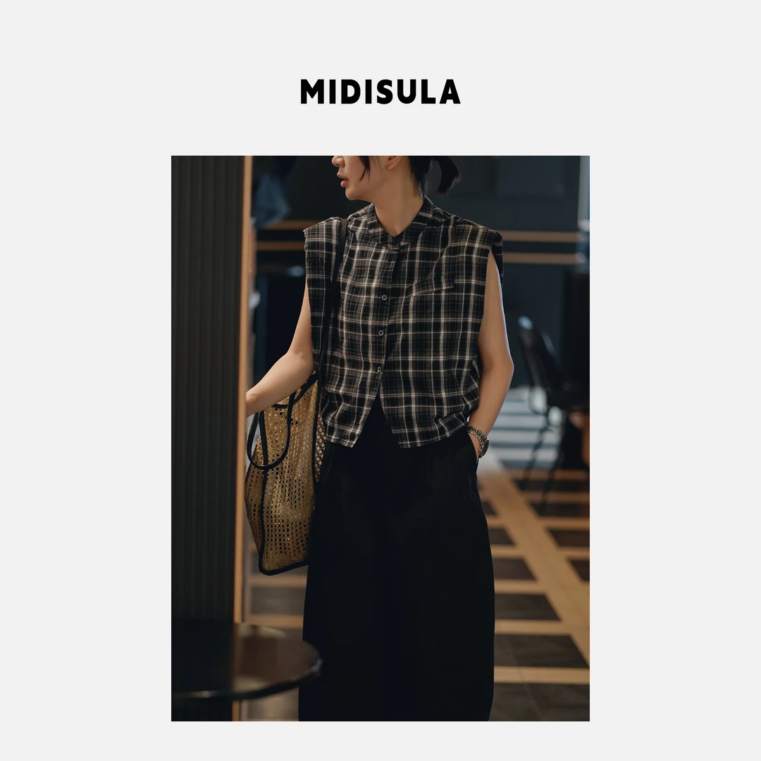MDSL·夏季新款时尚圆领格子无袖衬衫女韩版宽松显瘦百搭#0640