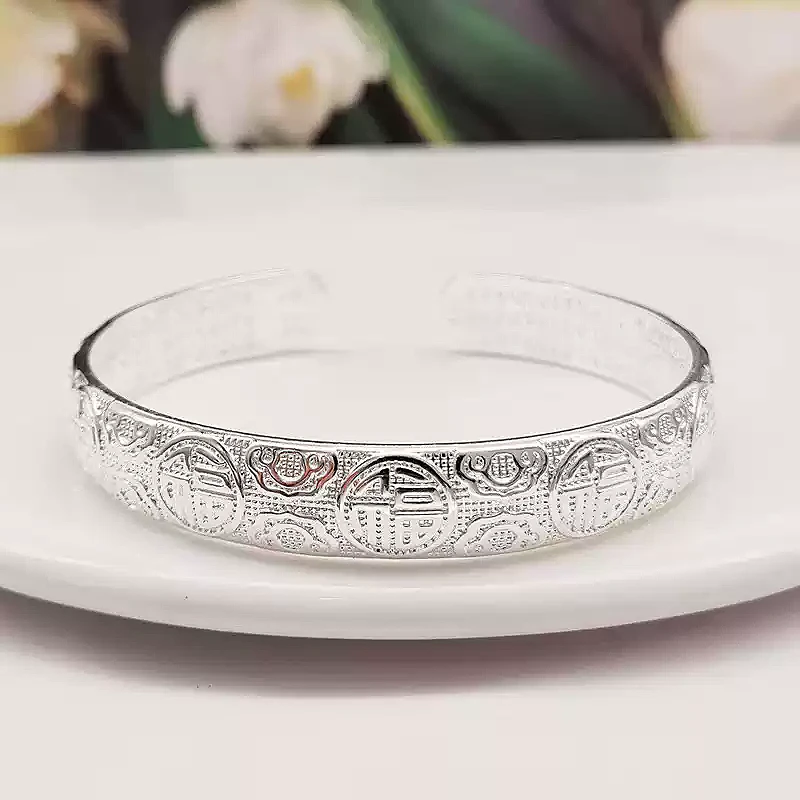 足银手镯 A012足银9999   百福心经开口实心纯银手镯母亲节礼物-
