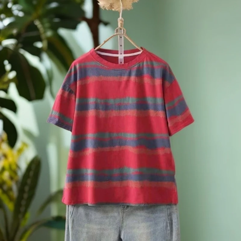 夏季休闲时尚百搭宽松炒色大码彩虹条纹韩版圆领纯棉T恤【2561】