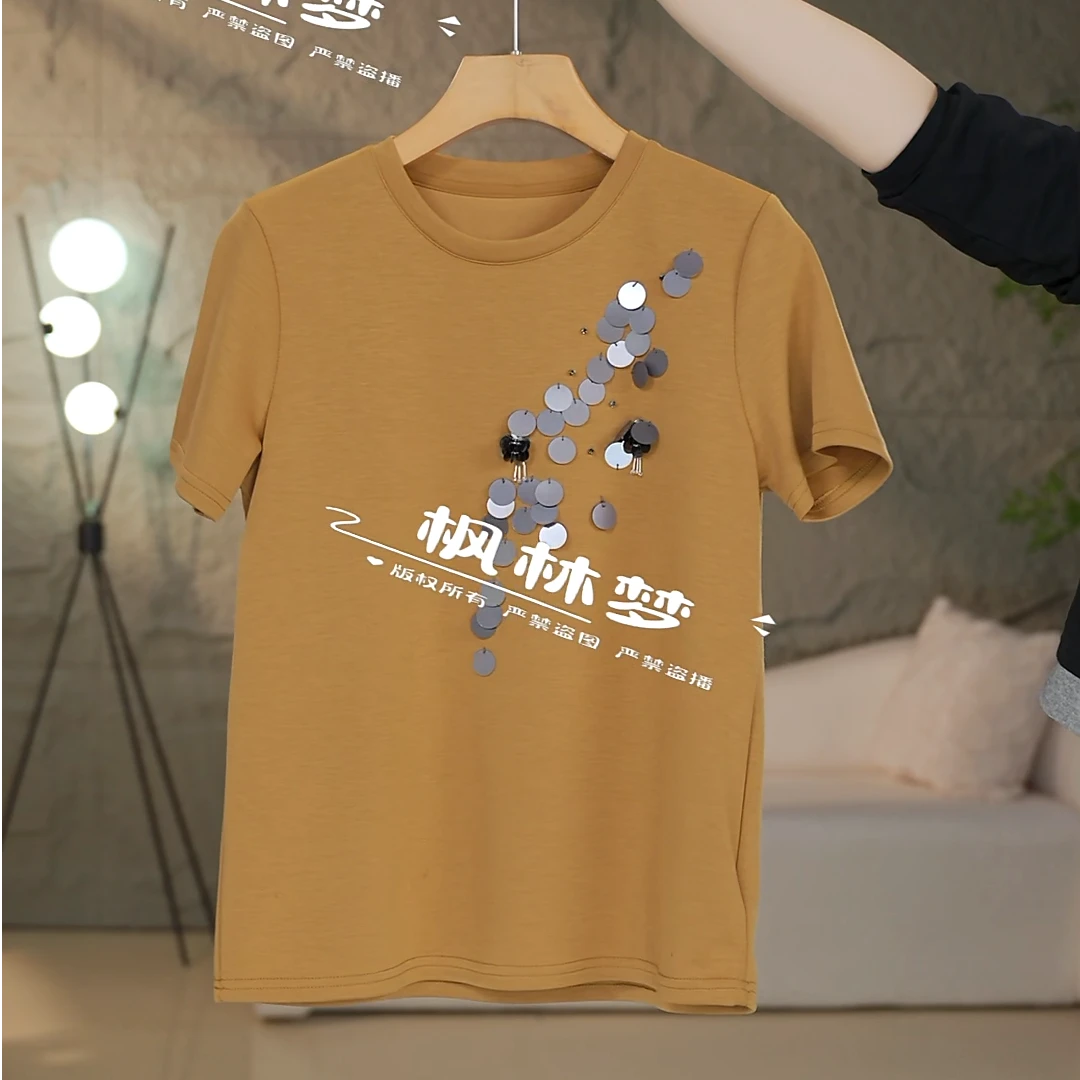 2025春夏亮眼必备圆领T恤短袖灵动亮片点缀色彩明媚百搭又独特300