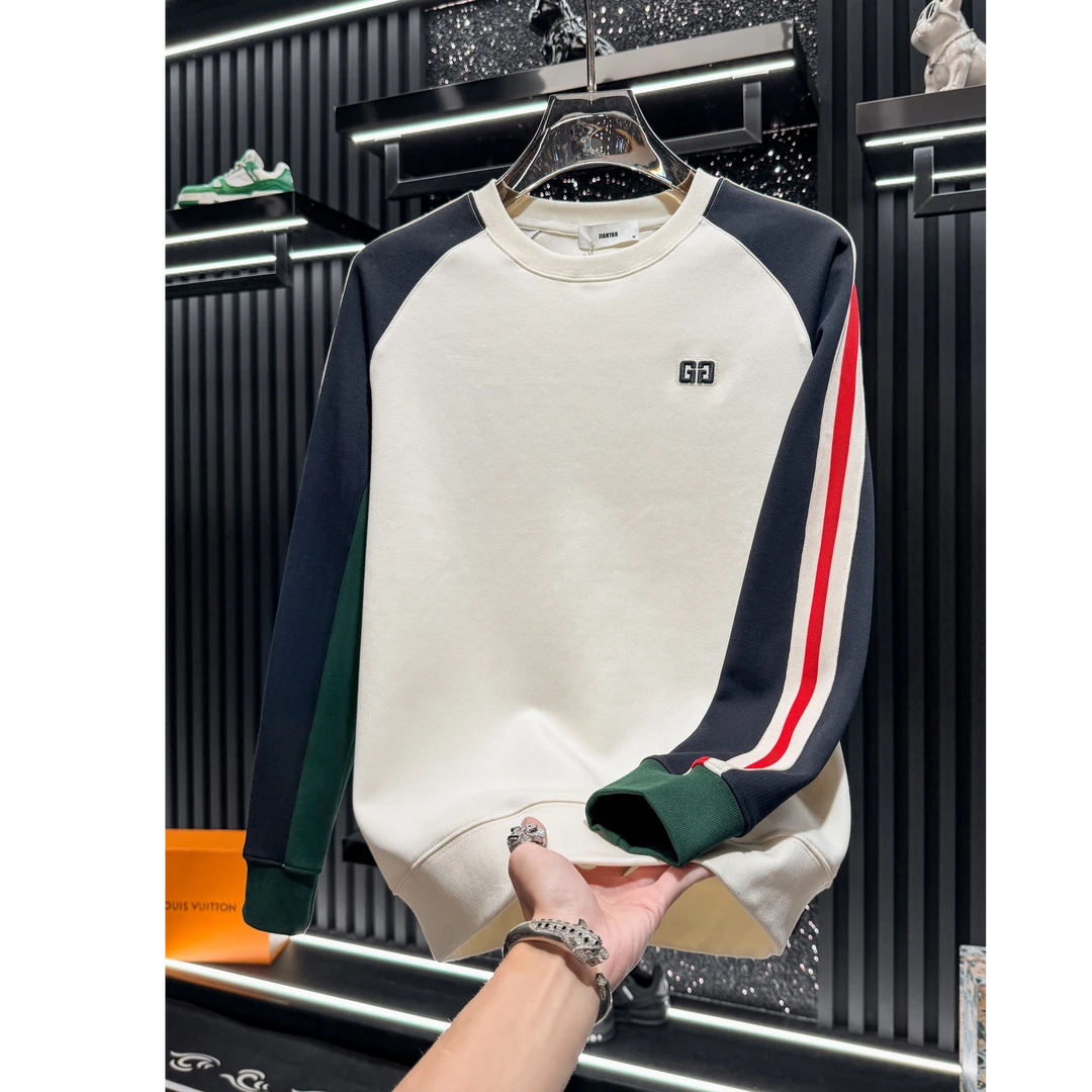 富比莫维男士高端刺绣拼色圆领卫衣新款潮牌秋装条纹长袖上衣