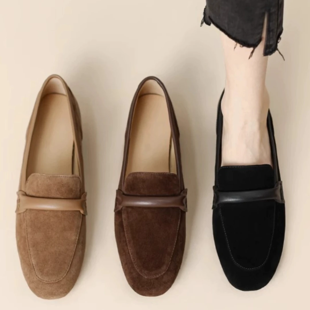 巨巨好穿~2025秋季圆头麂皮绒复古百搭平跟单鞋一脚蹬休闲乐福鞋