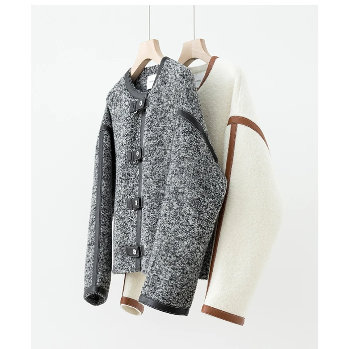 LP门襟拼皮圆领复古宽松毛呢大衣外套MF3F1971