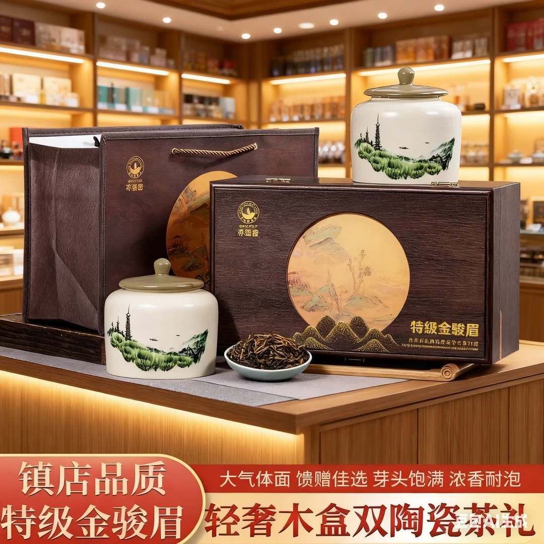商-特级-金骏眉复古山水画高档木质礼盒-中秋国庆送礼可试喝一罐