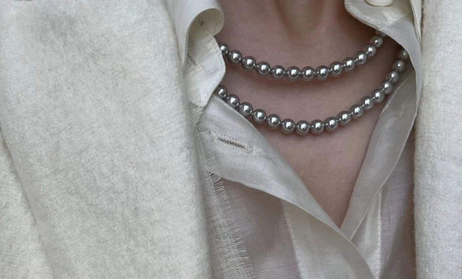 真多麻色银灰施家正圆强光珍珠项链女轻奢法式潮精致