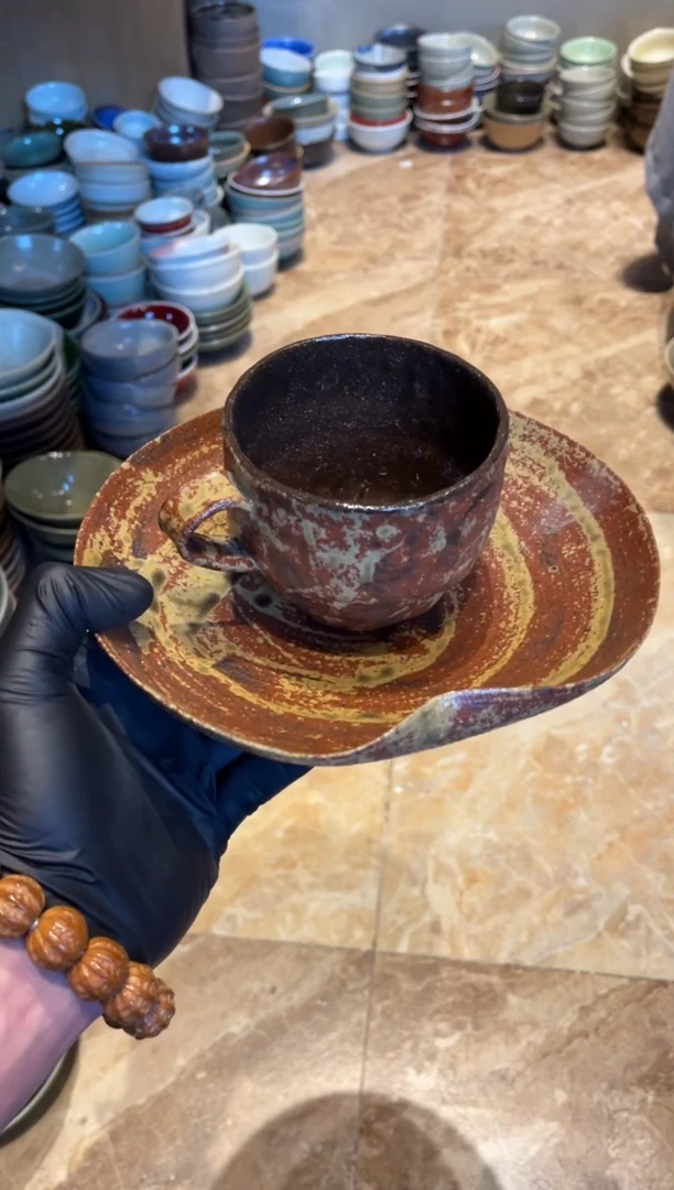 【闪购商品】瓷片766 窑变棕咖啡杯+盘子