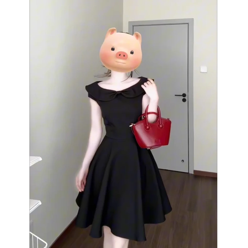 法式高级感黑色连衣裙女小个子夏季新款气质A字小黑子蓬蓬短裙子