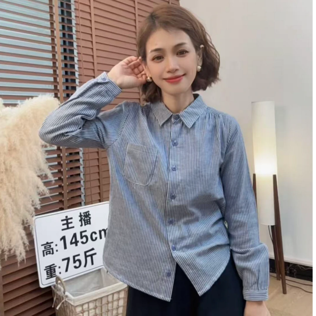 小个子双面色织棉纱面料条纹尖领复古文艺长袖衬衫女春秋衬衣打底